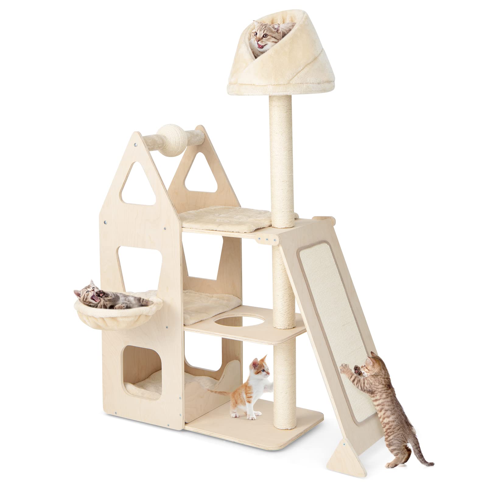 Arbre à chat moderne Tangkula en bois pour chats d'intérieur, grand arbre à chat multi-niveaux de 162 cm avec balle rotative et poteaux à griffer